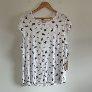 Emaline Key Items Cap Sleeve Bird Print Tee Top Sz 1X Round Neck White Multi